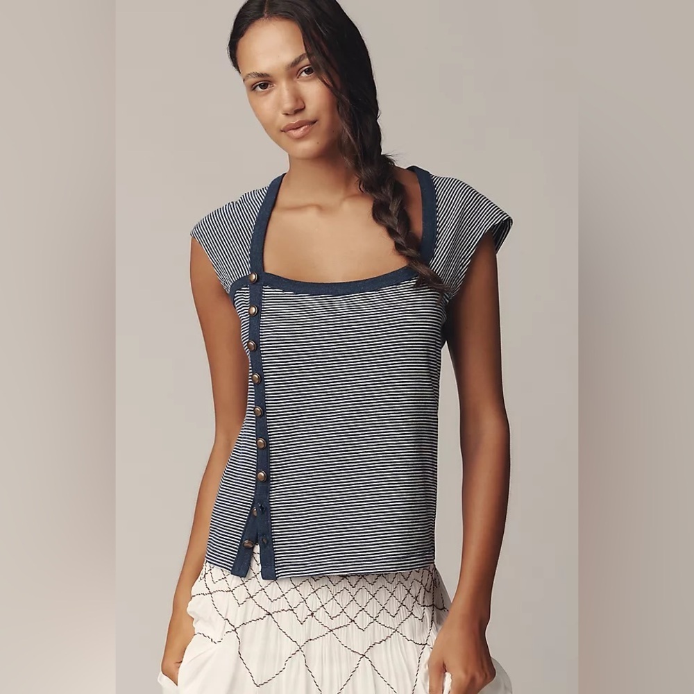 Maeve Anthropologie Striped Navy and White Button-Down Top